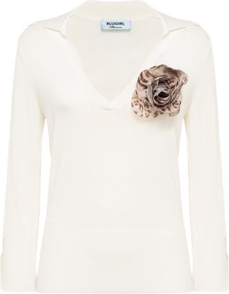 Blugirl Slim-Fit Polo-Style Sweater With Rose-Shaped Brooch