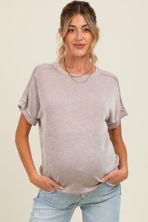 Pinkblush Ribbed Exposed Seam Short Sleeve Top in Taupe at Nordstrom, Size X-Large