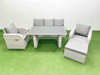 Fimous Outdoor Rattan Garden Furniture Dining Set 6-seater with Big Stool in Light Grey