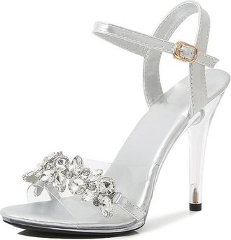 Generic Silver,3.5 UK,Womens Crystal Sandals Peep Open Toe Ankle Strap High Stiletto Heels Rhinestone Wedding Party Dress Shoes