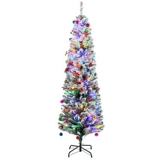HOMCOM 6ft Pre Lit Artificial Christmas Tree Holiday D&eacute;cor with 160 Colourful LED Lights and 492 Snow Flocked Tips - Pine Cone - Berry - Ball Tree Dec