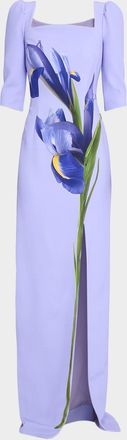 Teri Jon Floral-Print Crepe Column Gown