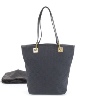 Gucci Gg Canvas Black Leather Canvas Handbag Shoulder Bag Tote Bag (Pre-Owned)