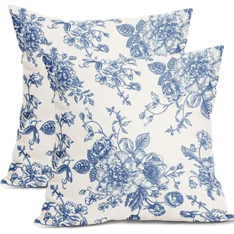 OEM Funda De Almohada De Lino Y Algod&oacute;n Con Estampado Floral Azul Vintage De 45 X 45 Cm (paquete De 2)