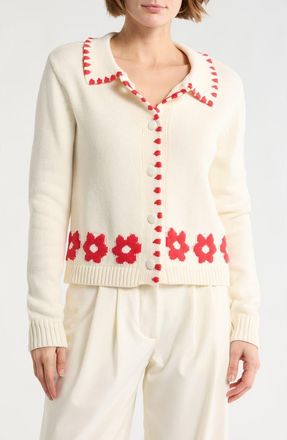 Elie Tahari Collared Buttoned Cardigan in Ivory/Red at Nordstrom Rack, Size X-Small