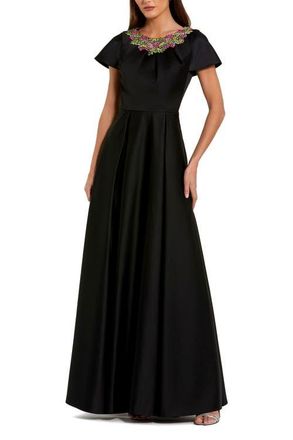 Mac Duggal Satin Flutter Sleeve Beaded Neckline Gown in Black at Nordstrom, Size 10