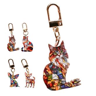 Generic Cats & Dogs Stained Art Keychain, Colorful Geometric Mosaic Glass Spliced Keychain, Baroque Pet Bags/Purse Charms (Long Hair Cat)