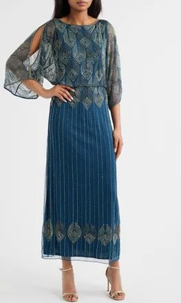 Pisarro Nights Beaded Cold Shoulder Cocktail Dress in Peacock 406 at Nordstrom Rack