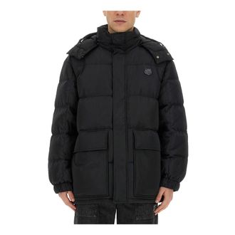 Maison Kitsun&eacute; Winter Jackets, male, Black, Size: XL Hooded Puffer in Nylon with Tonal Fox Head Patch