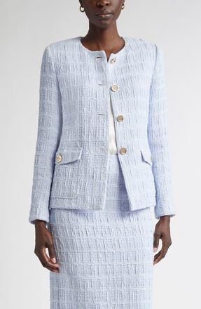 St. John Plaid Textured Cotton Blend Tweed Jacket in Blue Lagoon at Nordstrom, Size 8