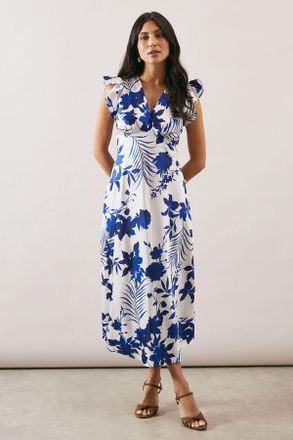 Wallis Womens Floral Print Bias Cut Satin V Neck Dress - White viscose - Size 22 UK