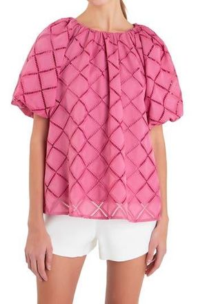 English Factory Embroidered Tie Back Puff Sleeve Top in Berry Pink at Nordstrom Rack, Size X-Small