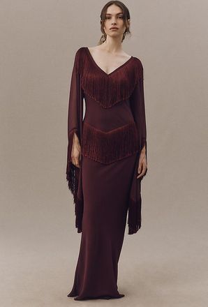 De La Vali Cristal Fringed V-Neck Maxi Dress