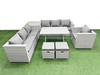 Fimous 9-seater Patio 3 Seater Sofa Armchair Set with Side Table 2 Stools in Light Grey