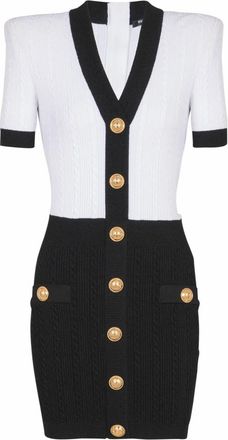 Balmain Tweekleurige kabelgebreide bodycon jurk - Dames - Kleedjes - Wit - M - Polyester - Kleedjes