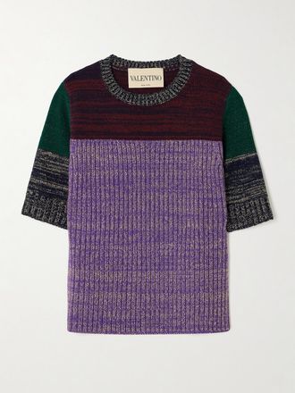 Valentino Garavani Pullover In Misto Lana A Coste Color-block Metallizzato - Viola