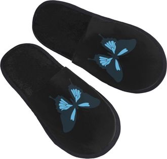 Generic Fluffy Slipper Blue And Black Butterfly Warm Womens Slippers Fluffy Non-Slip Hotel Slippers Indoor Family L