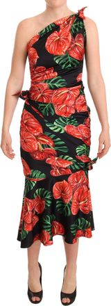 Dolce & Gabbana Womens Floral Oneshoulder Midi Dress Fit Flare - Black Silk - Size EU 34 (Womens)