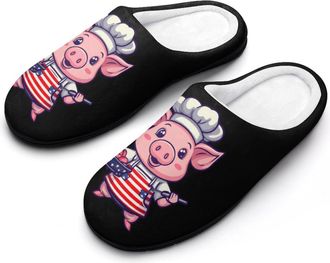 Generic US Flag Pigs Chef BBQ Womens Slippers Warm House Slippers Indoor House Shoes with Anti-Skid Rubber Sole