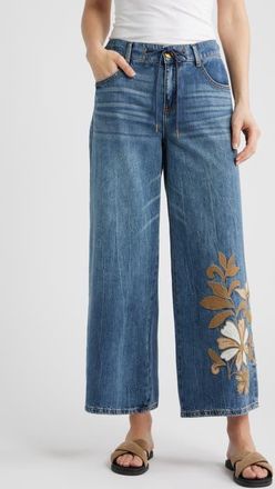 Wit & Wisdom Flower Appliqu&eacute; High Waist Wide Leg Jeans in Mid Blue Artisanal at Nordstrom, Size 18