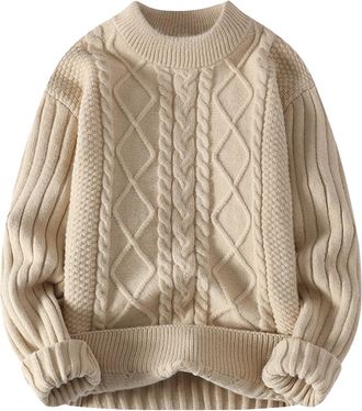 Generic ADMAY Man Sweater Pullover Knitted Wool Jacket Fleece Coat Mens Fashion Casual Solid Color Crew Neck Sweater Sweater Purse Sleepers (C-Khaki, XL)