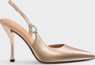 Charles & Keith Metallic Leather Crystal-Buckle Slingback Pumps