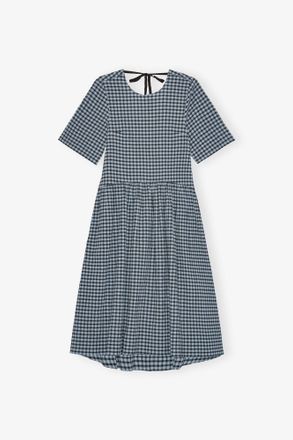 Ganni Blue Seersucker Check Midi Dress - Size 10/12 Organic Cotton