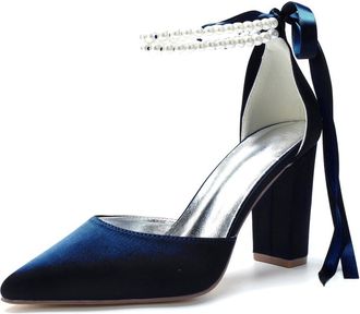 Generic Bridal Shoes Womens Pointy Toe Wedding Shoes Chunky Block Heels Satin Ankle Strap Prom Bridal Evening Party High Heels Shoes 9Cm,Dark Blue,10 UK