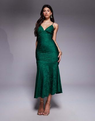Ra-Re Esclusiva Rare London - Vestito al polpaccio in raso jacquard verde smeraldo a fiori con fondo a coda di rondine