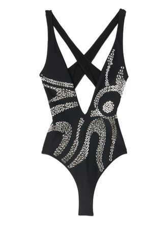 Pucci embellished cross-back swimsuit - women - Elastane/Polyamide - L - Black