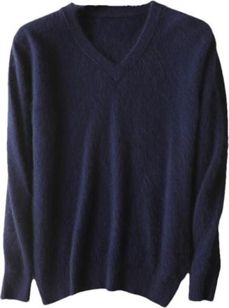 Generic Mens Soft Solid Color Sweaters Solid V-Neck Casual Knit Pullovers Men Long Sleeve Warm Pullover Jumper Navy Blue XL