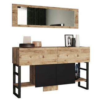 Dmora Consola Alleghe, Espejo Incluido, 6 Estantes, 5 Compartimentos, 139x43x84h Cm Roble Marr&oacute;n