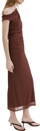 Mango Ruched Dot Midi Dress in Brown at Nordstrom, Size 4