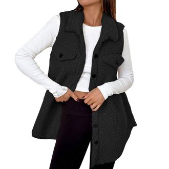 Generic Teddy Fleece Gilet for Women - Long Fuzzy Soft Vest, Longline Bodywarmers Sleeveless Lapel Button Down Waistcoat, Sherpa Fluffy Tops, Ladies Solid Col