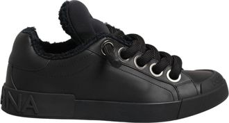 Dolce & Gabbana Womens Black Leather Low Top Portofino Sneakers Shoes Calf Nylon Elastane