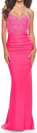 La Femme Sparkly Sleeveless Prom Maxi Dress In Neon Pink