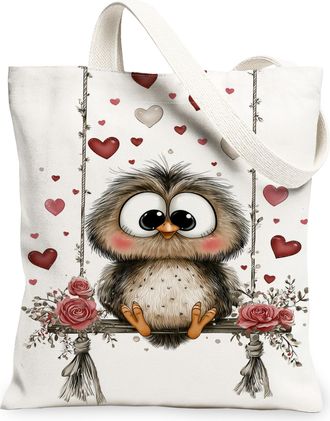 Generic Owl Canvas Tote Bags, Cute Animal Heart Pattern Reusable Shopping Bags, Spring Floral Lightweight Washable Canvas for Trave, White, 13x15 Inch