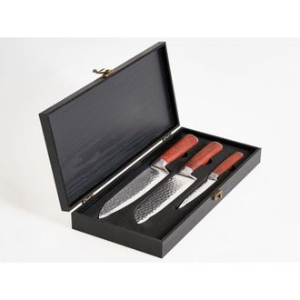 Beliani Set di 3 coltelli durezza 62 HRC acciaio inossidabile damasco marrone Kashiwa