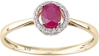 Diamant L'&eacute;ternel Womens 9ct Yellow Gold Diamond and Ruby Round Ring with Halo - Size Q