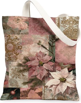 Generic Floral Canvas Tote Bags, Elegant Flower Print Reusable Grocery Bags, Winter Vintage Chic Lightweight Washable Shoulder Strap Canvas 13x15 Inch