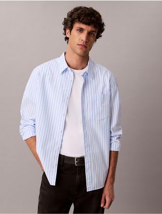 Calvin Klein Mens Yarn-Dyed Stripe Washed Poplin Shirt - Bright Blue - M