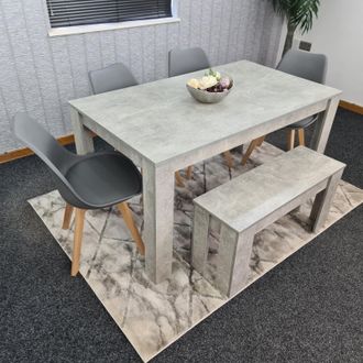 Kosy Koala Stone Grey Effect Wood Dining Table Set with Bench & 4 Grey Plastic Chairs Modern Dining Room Furniture in Brown