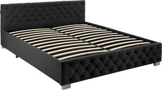 TecTake Cama tapizada con LED y somier abatible, 250 kg, 180 x 200 cm, negro