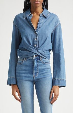 Veronica Beard Timothy Crop Twist Button-Up Denim Shirt in Ripple Haze at Nordstrom, Size 14