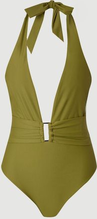 Karen Millen Womens Halter Neck Hardware Detail Plunge Swimsuit - Khaki Nylon - Size X-Small