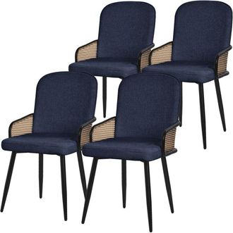ML Design Ml-design Juego De 4x Sillas De Comedor Con Funda De Tela Azul Oscuro, Asiento De Sal&oacute;n Con Respaldo, Reposabrazos Con Aspecto De Rat&aacute;n Mueble Tapizad
