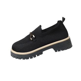Generic Womens Loafers Wide Fit Mesh Walking Shoes Round Toe Breathable Stylish Non-Slip Lightweight Comfy Slip On Chunky Shoes Work Leisure Black