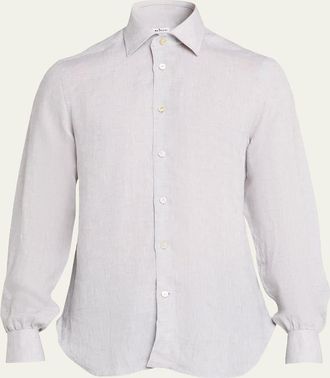 Kiton Mens Solid Linen Button-Down Shirt with Mother-Of-Pearl