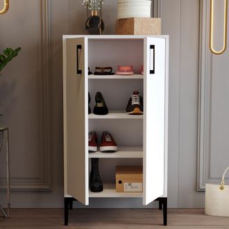 Dmora Zapatero Cavalieri, Mueble Guarda Zapatos 4 Estantes, 8 Pares, 2 Puertas, 60x35x111h Cm Blanco