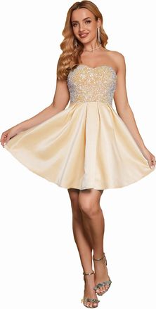 Angel Fashions Womens Strapless Yellow Sequin A-Line Satin Elegant Short Prom Dress Size 10